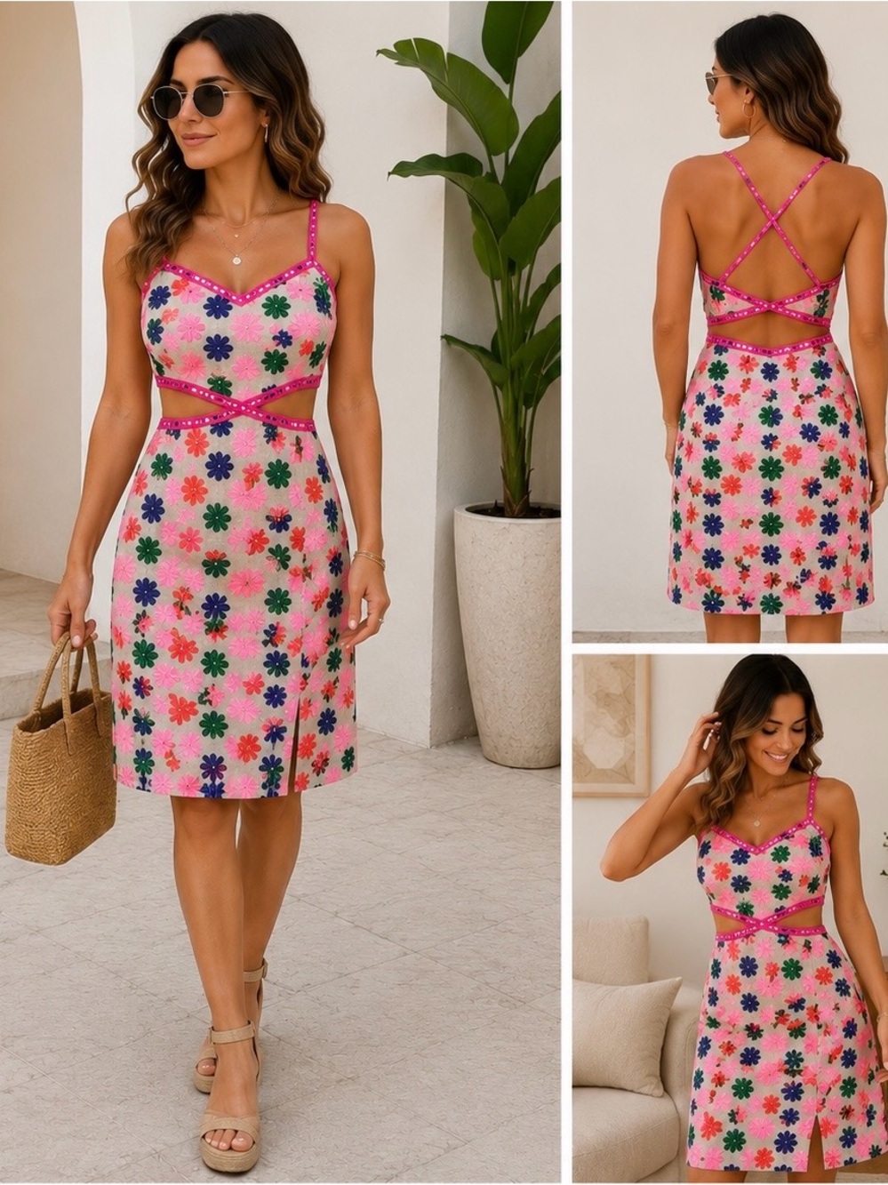 Saylor Embroidered Floral Cutout Dress | Size Small | Linen Blend